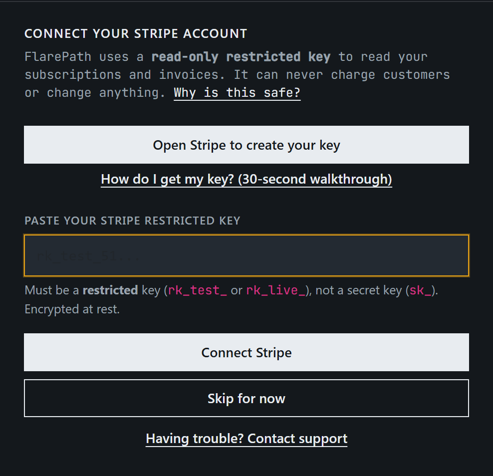 FlarePath connect screen with read-only API keys.